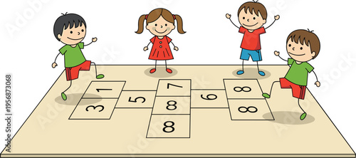Cartoon Children Playing Hopscotch on the Playground for Kids, Games, and Outdoor Activities Illustration Graphics