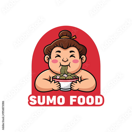 Happy Cartoon Sumo Wrestler Character Eating Noodles: A Stylized Food Illustration