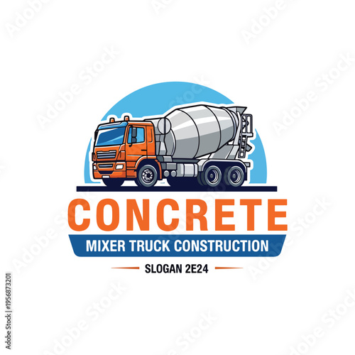 Construction Site Concrete Mixer Truck Delivering Materials Vector Illustration Logo Design
