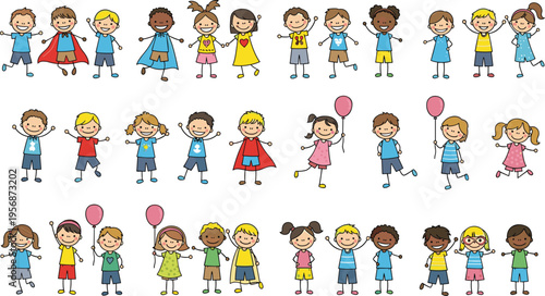 Cartoon Children Characters in Various Poses and Outfits for Kids, Education, and Fun Illustrations