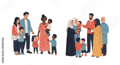 Diverse multicultural families with children celebrating International Day of Mathematics in a joyful and vibrant illustration with bright colors