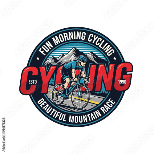 Morning cycling event badge featuring a dynamic rider on a scenic mountain road