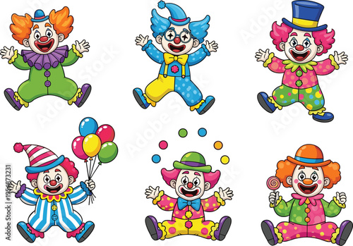 Cartoon Clown Set Featuring Colorful Clowns with Balloons and Fun Costumes for Circus, Party, and Entertainment Designs