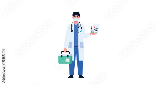 A doctor in blue scrubs and a white coat holds a medical bag and an X-ray on International day of mathematics with a clean white background