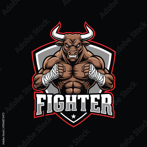 Aggressive Bull Mascot Illustration with Wrapped Fists for Sports and Competition Emblem Design