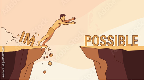 Man jumping from one cliff labeled Impossible to another labeled Possible to symbolize overcoming challenges and achieving success
