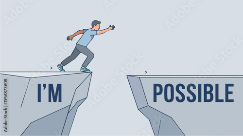 Motivational illustration of a man running towards the edge of a cliff with the text I’m possible, symbolizing overcoming obstacles and achieving goals