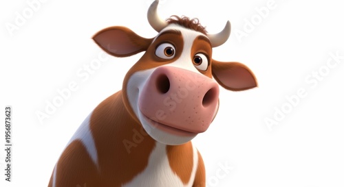 A friendly cartoon cow with brown and white spots and a pink snout looks curiously forward against a white background.
