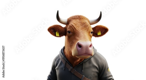 A realistic anthropomorphic cow wearing a grey hoodie and yellow ear tags, looking directly at the viewer with a neutral expression on a white background.