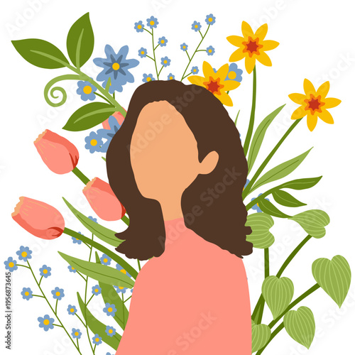 Woman faceless silhouette with spring flowers and leaves vector. Cute hand drawn illustration of a woman with botanical background for festive banner for Women's Day