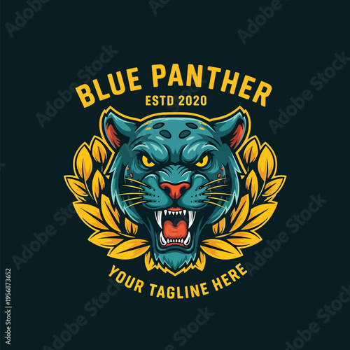 Roaring blue panther head vector illustration, fierce animal emblem with golden laurel wreath.