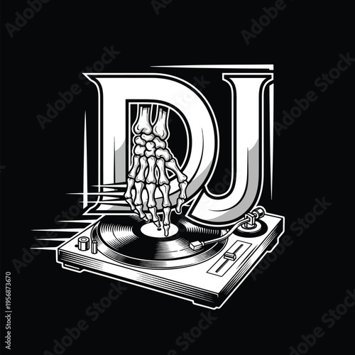 Skeleton hand on turntable mixing music, a striking DJ vector illustration for party themes