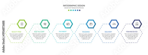 A colorful infographic design with hexagonal shapes and icons on a white background