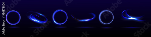 Neon swirl. Curve blue line light effect. Abstract ring background with glowing swirling background. Energy flow tunnel. Blue portal, platform. Magic circle vector.