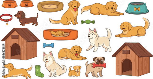 Cartoon Dog Set Featuring Puppies, Dog Houses, Collars, Toys, and Accessories for Pet, Animal, and Family Designs