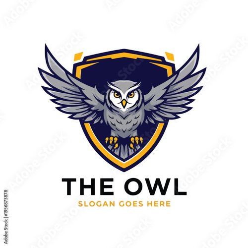 Dynamic owl mascot emblem illustration with spread wings, centered in a heraldic shield design, vector graphic