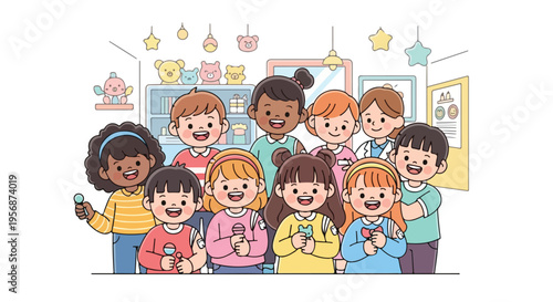 A diverse group of children celebrating International Day of Mathematics in a colorful classroom with educational decorations