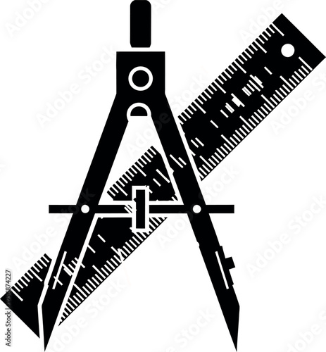 A black silhouette of a drafting compass with measuring scales