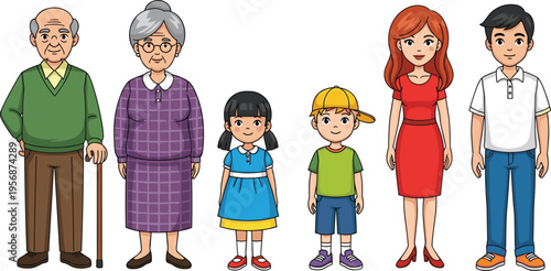 Cartoon Family Members Including Grandparents, Parents, and Children for Family, Life, and Kids Illustration Graphics