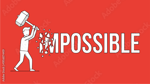 Silhouette of a man breaking the word 'Impossible' with a hammer in a motivational and empowering concept of overcoming challenges