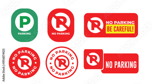 No Parking Sign Vector Set – Parking Prohibition Icons Collection with Red Warning Symbols and Labels