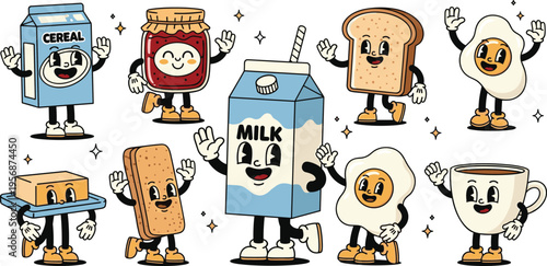 Cartoon Food Character Set with Milk, Cereal, Bread, Jam, and Egg Icons for Fun, Playful Illustrations, and Animated Graphics
