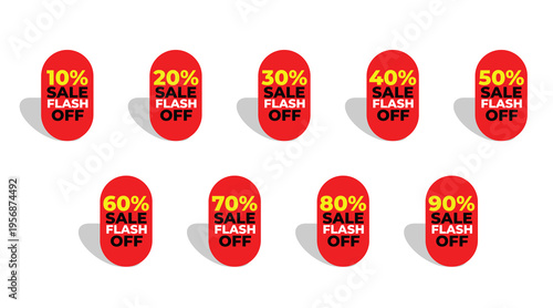 Flash Sale Discount Stickers 10% to 90% Off Red Circular Promo Labels for Retail Marketing