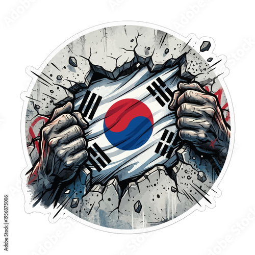 South Korean flag emerging from cracked wall.