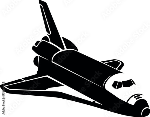 A sleek black and white illustration of a space shuttle in flight