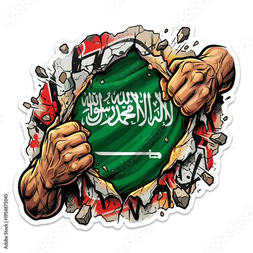Saudi Arabian flag emerging from destruction.