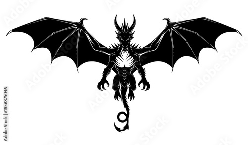 Top-down flying dragon silhouette vector with wings, horns, and spiked crest for fantasy illustration
