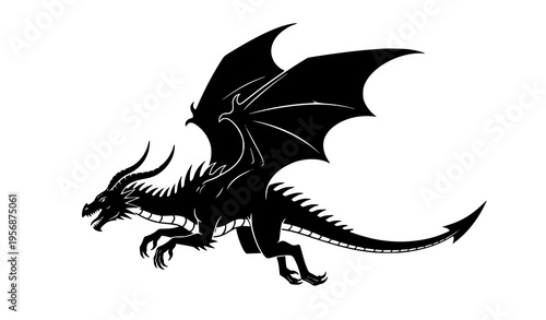 Flying dragon silhouette vector with wings, horns, and spiked crest for fantasy and tattoo design