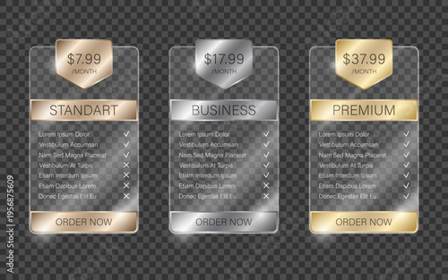 Luxury glassmorphism pricing table set. Subscription plan templates. Glossy glass cards with bronze gold and silver metallic headers and buttons. Used for luxury websites, mobile apps.