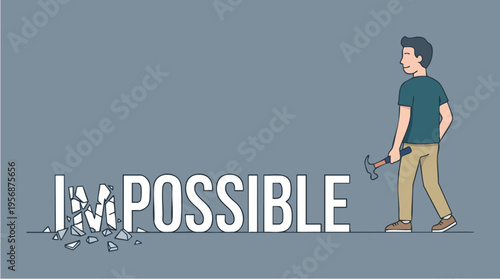 Young man with hammer breaking through the word impossible, representing overcoming challenges and turning impossibilities into possibilities