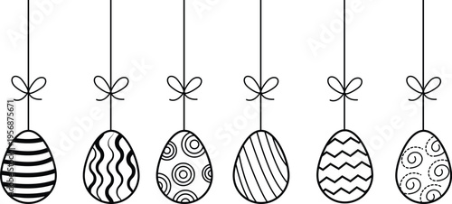 Easter hanging decorated eggs seamless border black and white outline illustration