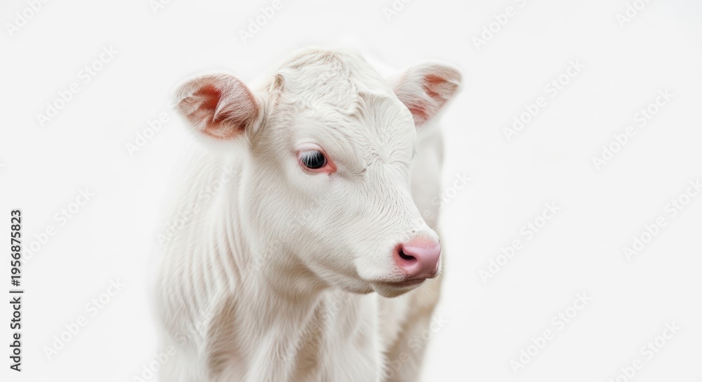 Fototapeta premium Close-up portrait of a cute white calf with pink nose on a bright background.