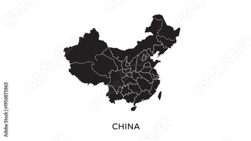 Map of China showing internal provinces and administrative divisions in silhouette on a white background with the country name displayed below.