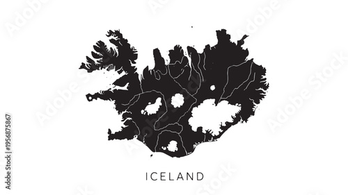 Map of Iceland in black and white, featuring geographic outlines and regional divisions, with the country's name below.