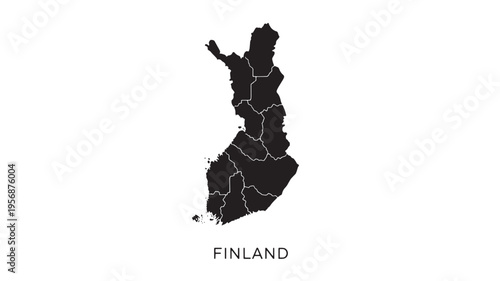 Map of Finland with regional divisions illustrated in black on a white background with the country name labeled below.