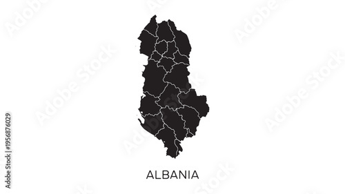 Albania map silhouette with internal regional divisions in black on a white background, representing geographic boundaries