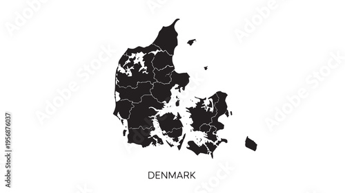 Denmark map silhouette with internal borders and text label Denmark underneath, presented on a white background.