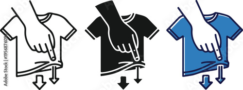 Hands pulling down t shirts in black white and blue