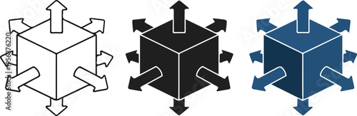 Three cubes with arrows pointing in multiple directions in black white and blue navigation