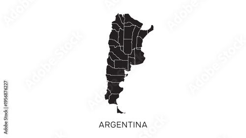 Argentina map with province outlines in black silhouette on white background, minimalist political divisions and high contrast.