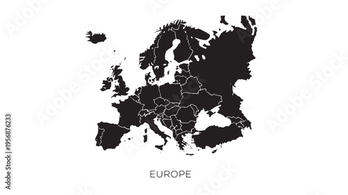 Europe map silhouette with clear country borders and the continent name in a simple font below. featuring european countries, european union,