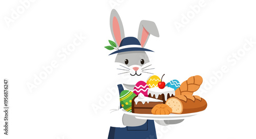 Cute Easter Bunny Character Holding Food Tray with Decorated Eggs and Cakes for Easter 2026 Celebration Illustration
