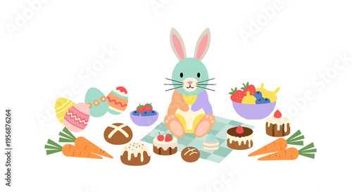 Easter Bunny Picnic with Decorated Eggs, Hot Cross Buns and Sweet Treats Illustration
