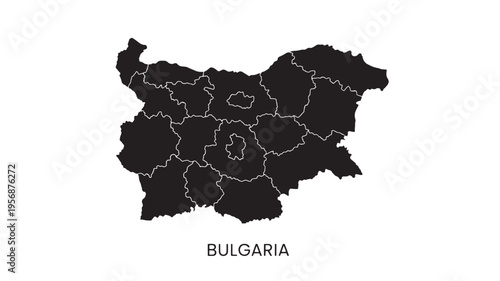 Map of Bulgaria with internal administrative divisions highlighted in white on a solid black background, representing its regions and borders.
