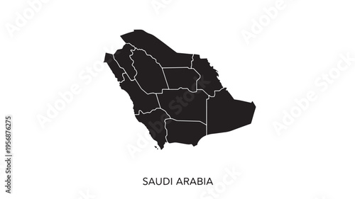 Saudi Arabia map silhouette with administrative divisions shown as white lines on a black background.