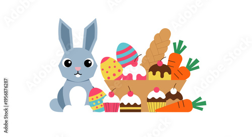 Cute Easter Bunny with Gift Basket Full of Decorated Eggs, Cupcakes, Carrots and Traditional Bread Vector Illustration